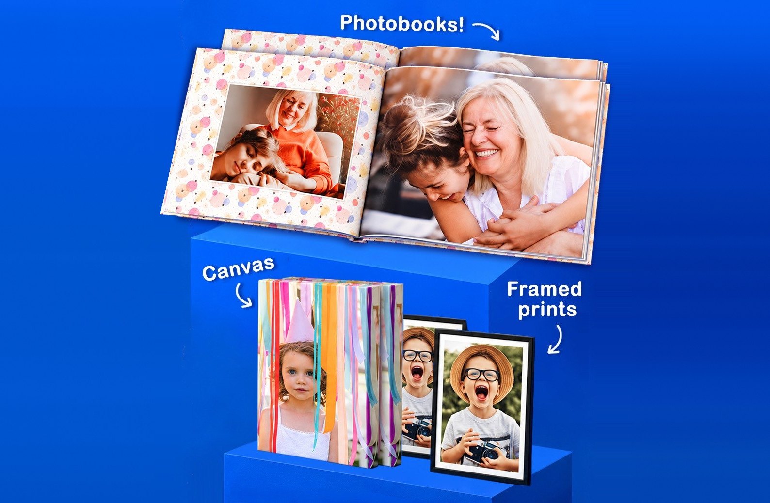 Photobooks, canvas prints and framed prints, two of each.